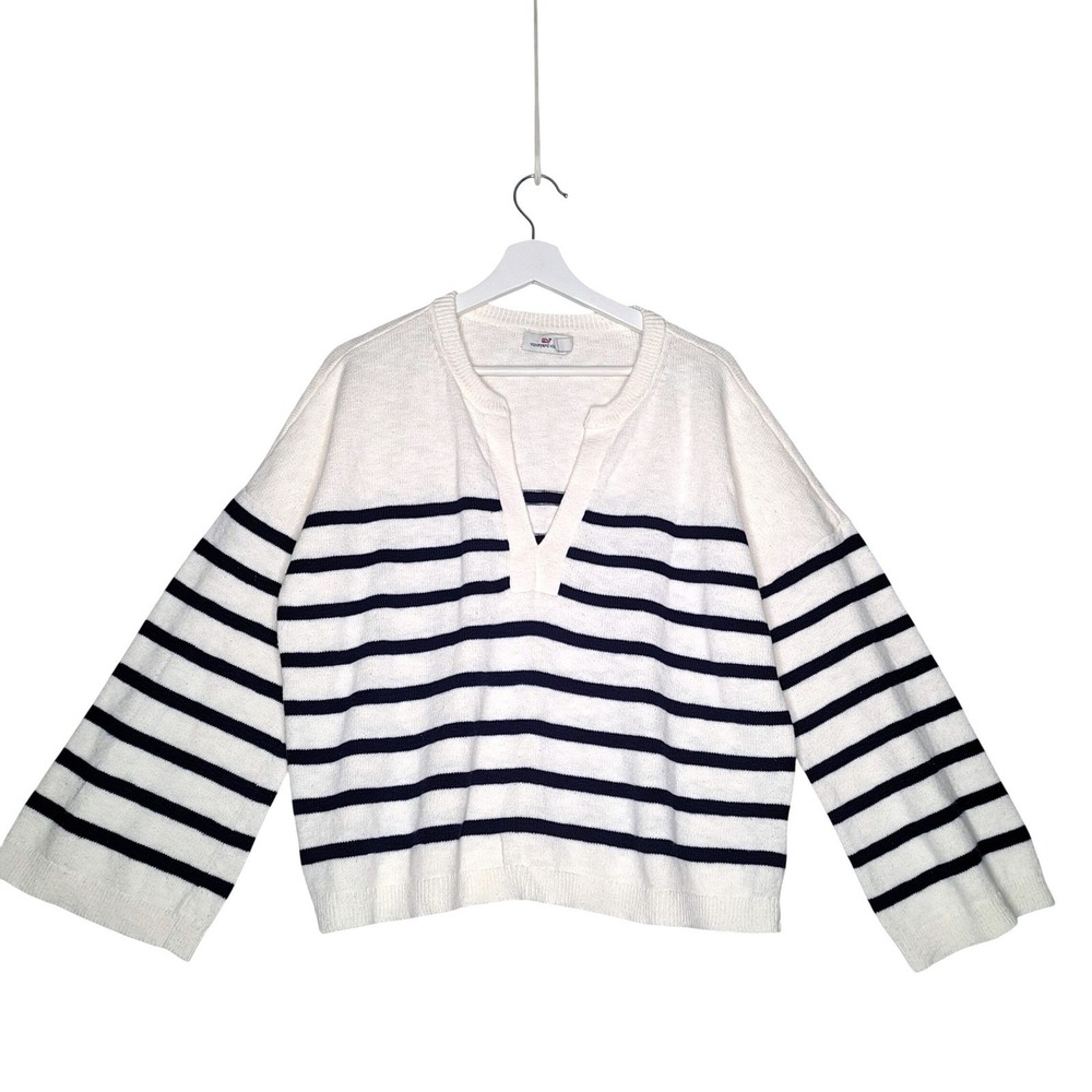 Vineyard Vines‎ Sweater Womens L Nautical Stripe V-Neck Cream Navy Cotton Linen